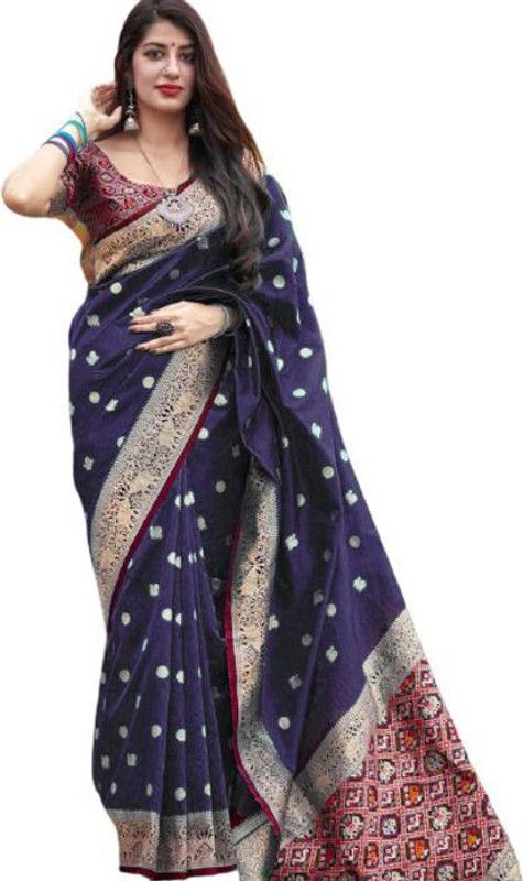 Woven, Polka Print Paithani Silk Blend, Jacquard Saree  (Blue)