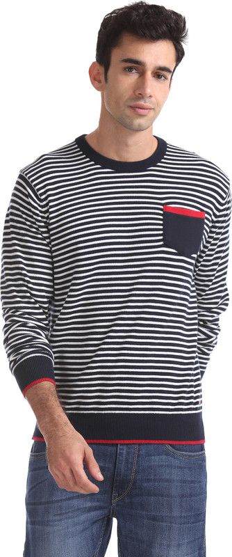 Men Striped Round Neck White, Blue Sweater