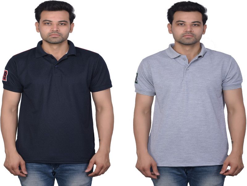 Solid Men Dark Blue, Silver T-Shirt  (Pack of 2)