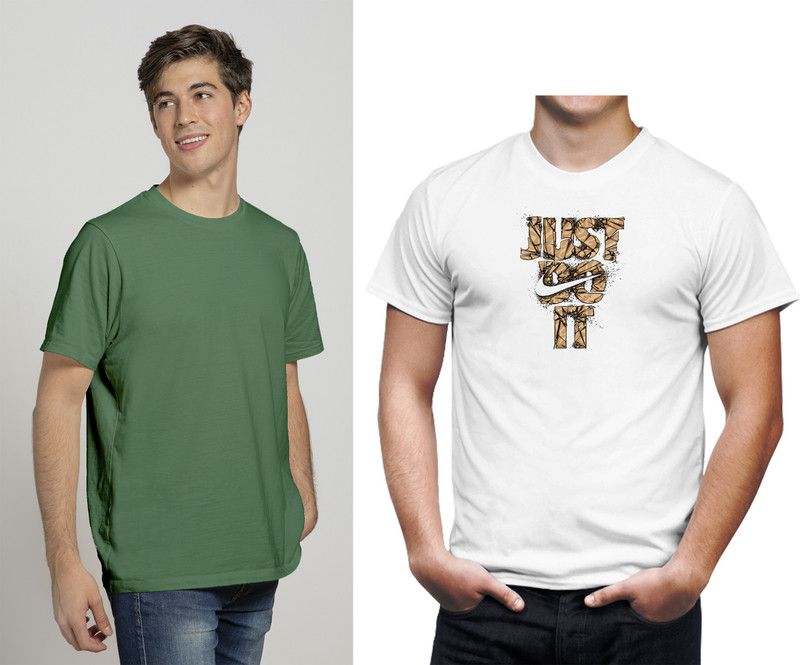 Pack of 2 Elegant Men's Premium Cotton T-shirts Combo Men Solid Round Neck Cotton Blend Green, White T-Shirt