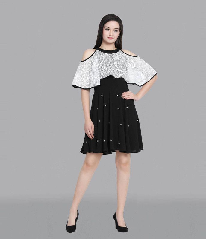Women Fit and Flare White, Black Dress