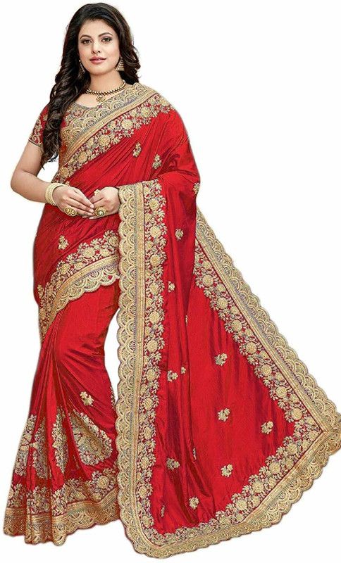 Embroidered Bollywood Silk Blend Saree  (Red)