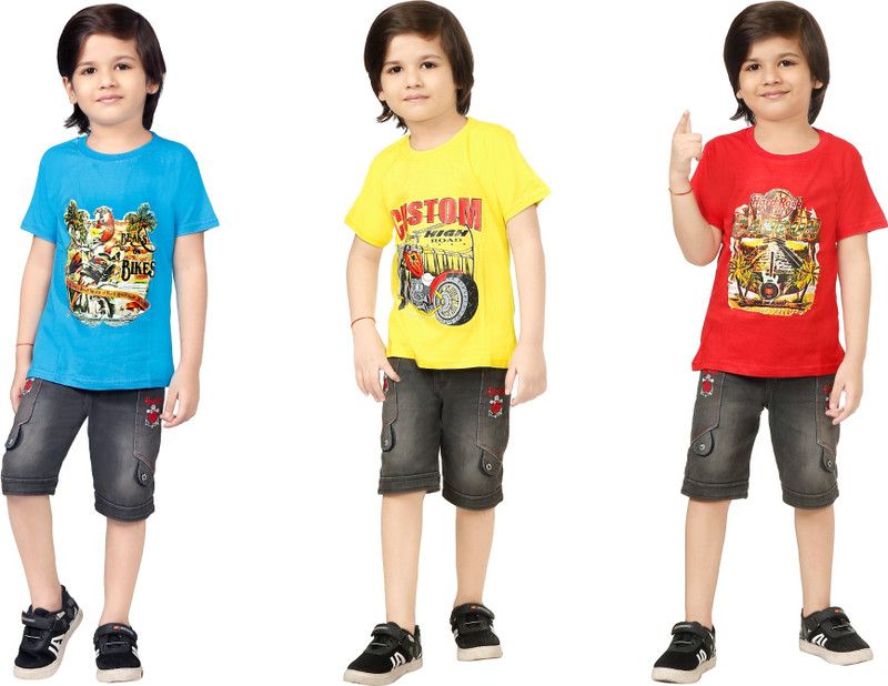 Boys Printed Cotton Blend T Shirt  (Multicolor, Pack of 3)