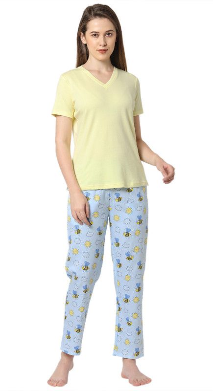 Women Night Suit Set Yellow Solid