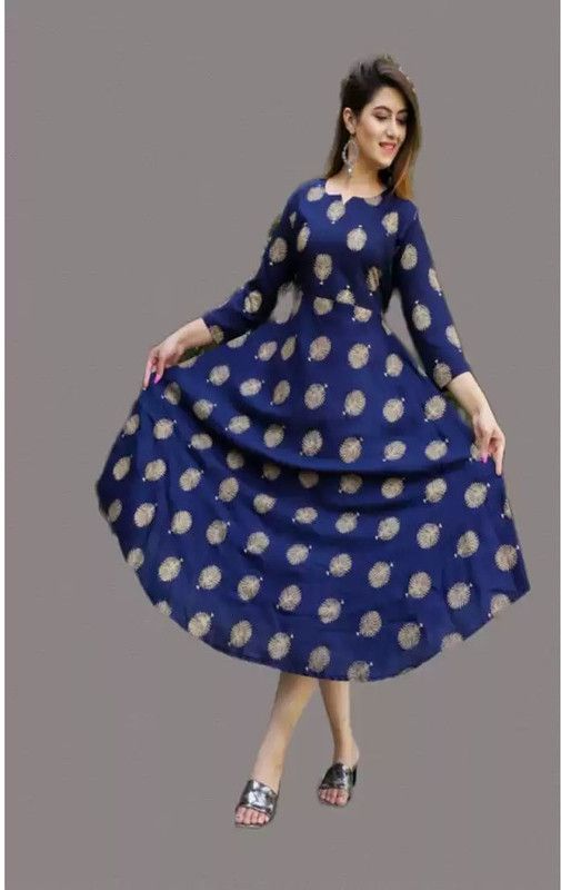 Printed Rayon Blend Semi Stitched Anarkali Gown  (Blue)
