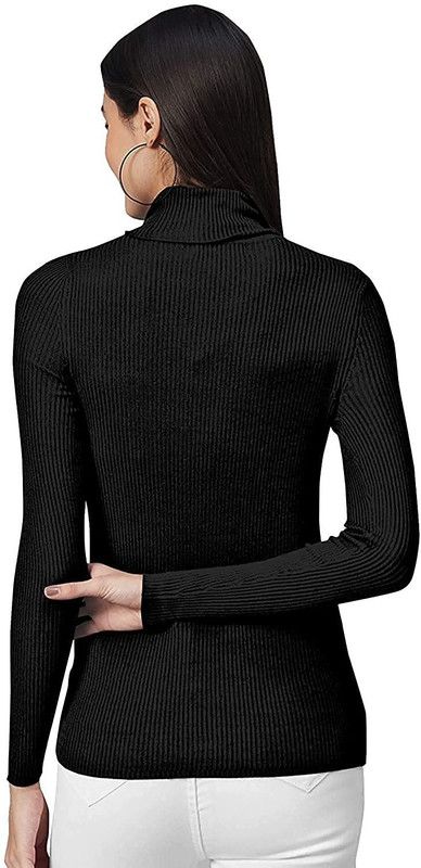 Women Striped High Neck Black Sweater