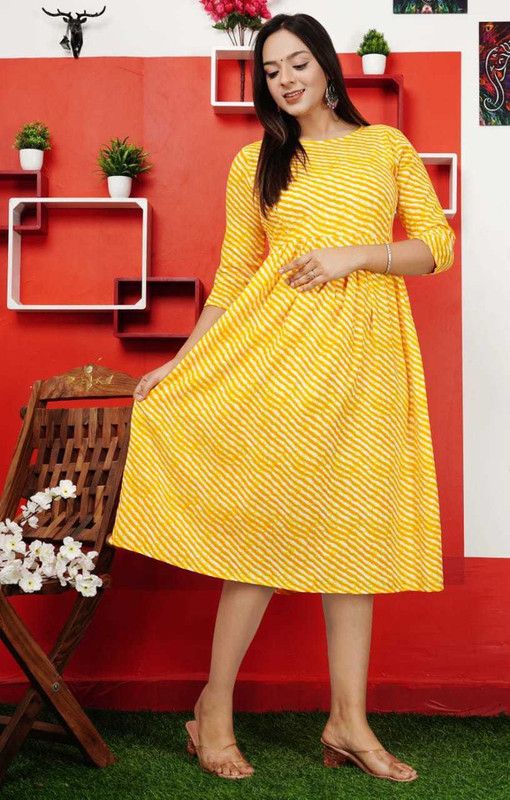 Women Leheriya Pure Cotton Anarkali Kurta  (Yellow)