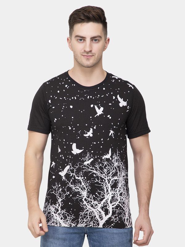 Allover Front Printed With Birds & Tree Tshirts Men Printed Round Neck Cotton Blend Black T-Shirt