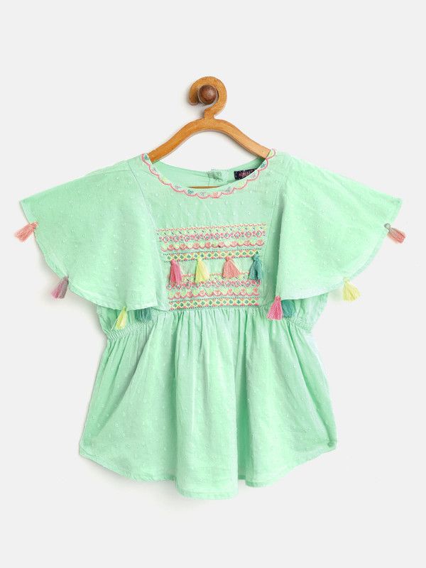 Girls Cotton Blend A-line Top  (Green, Pack of 1)