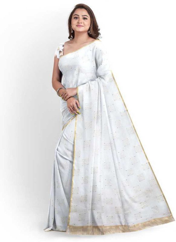 Polka Print Fashion Chiffon Saree  (White)