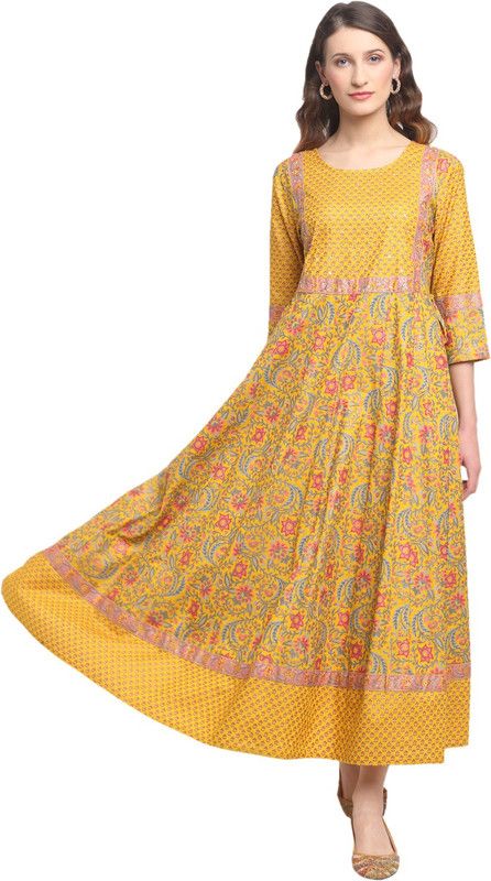 Women Printed Cotton Rayon Flared Kurta  (Yellow)