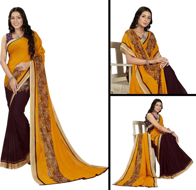 Floral Print Daily Wear Georgette Saree  (Purple, Yellow)