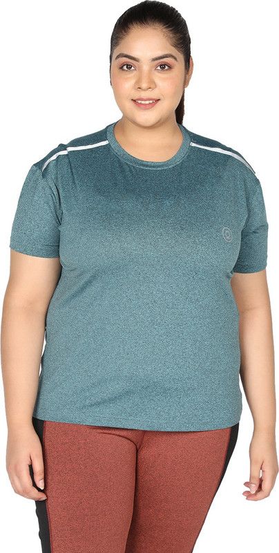 Women Color Block Round Neck Polyester Green T-Shirt