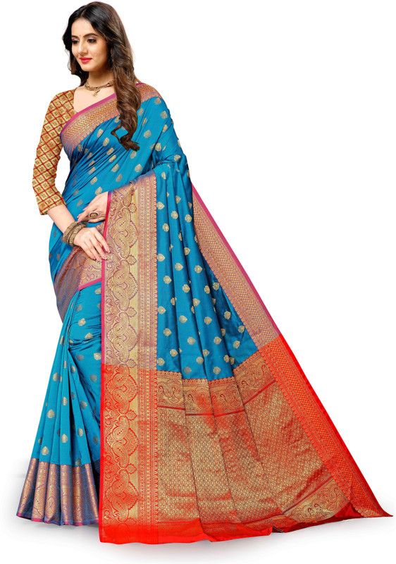 Banarasi Cotton Silk Saree  (Blue, Red)