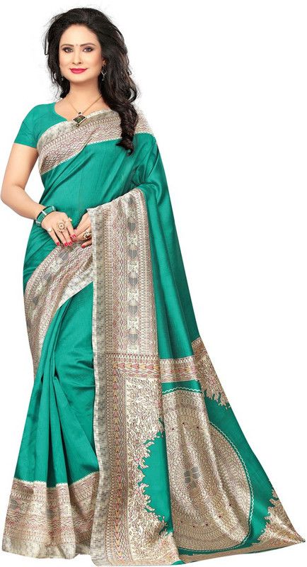 Printed, Geometric Print, Animal Print, Floral Print Madhubani Silk Blend Saree  (Green)