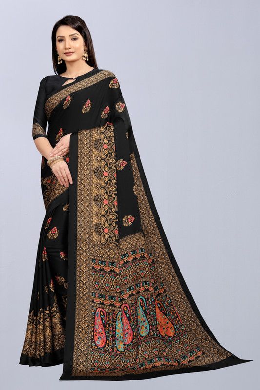 Printed, Hand Painted, Blocked Printed, Geometric Print, Graphic Print Bollywood Crepe Saree  (Multicolor, Black)