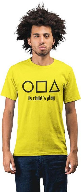 Men Geometric Print Round Neck Pure Cotton Yellow T-Shirt