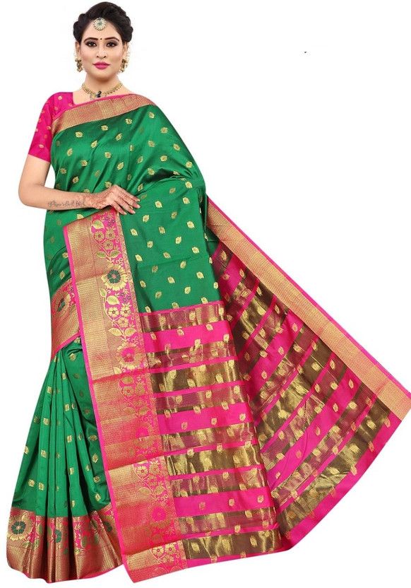 Woven Handloom Pure Silk Saree  (Green)