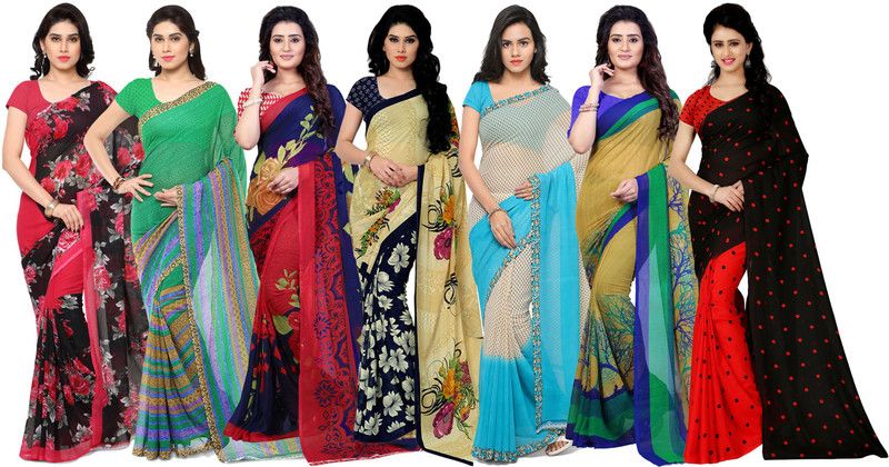 Printed Daily Wear Georgette Saree  (Pack of 7, Multicolor)