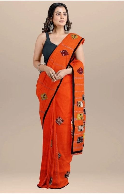 Embroidered Handloom Pure Cotton Saree  (Orange)