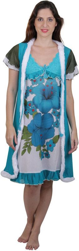 Women Nighty with Robe  (White, Blue)