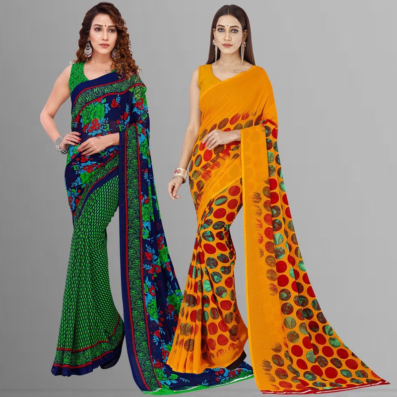 Floral Print Daily Wear Georgette Saree  (Pack of 2, Green, Yellow)