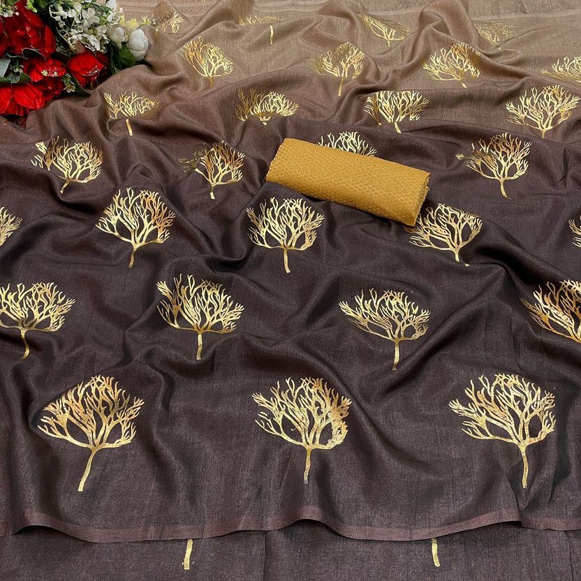 Floral Print Bollywood Art Silk Saree  (Brown)