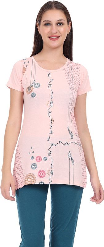 Women Night Suit Set Orange Printed