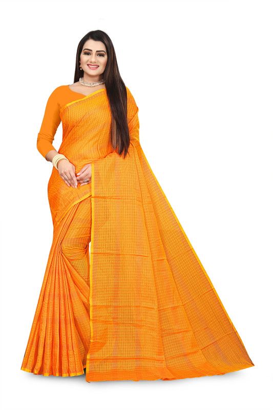 Checkered Daily Wear Cotton Blend Saree  (Yellow)