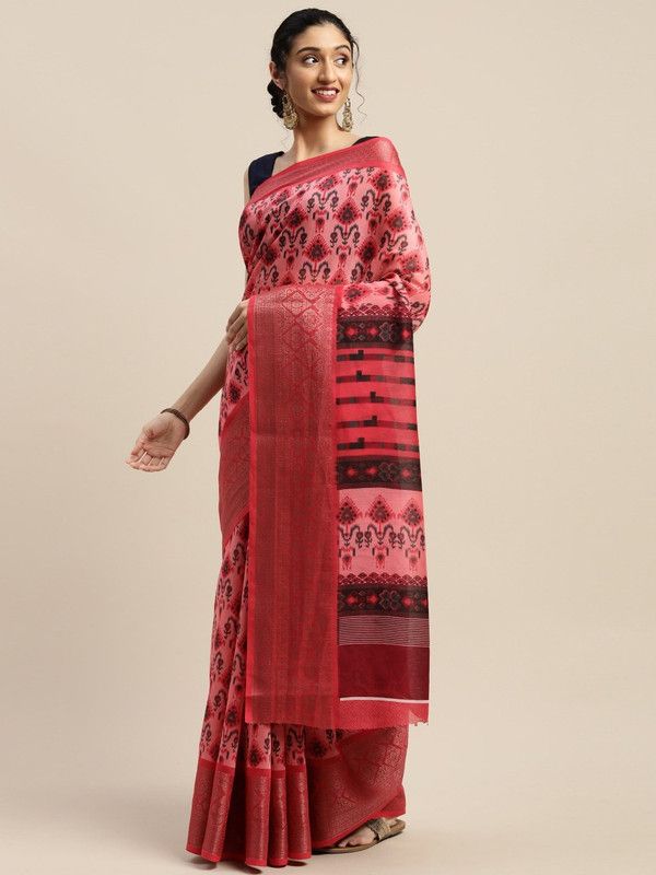 Ikkat Art Silk Saree  (Pink)