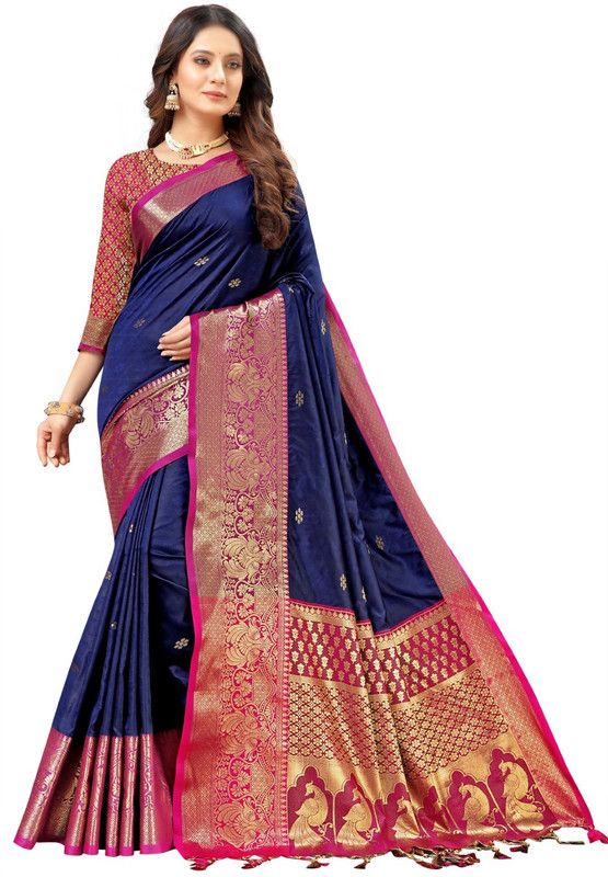 Woven Dharmavaram Silk Blend, Art Silk Saree  (Dark Blue)