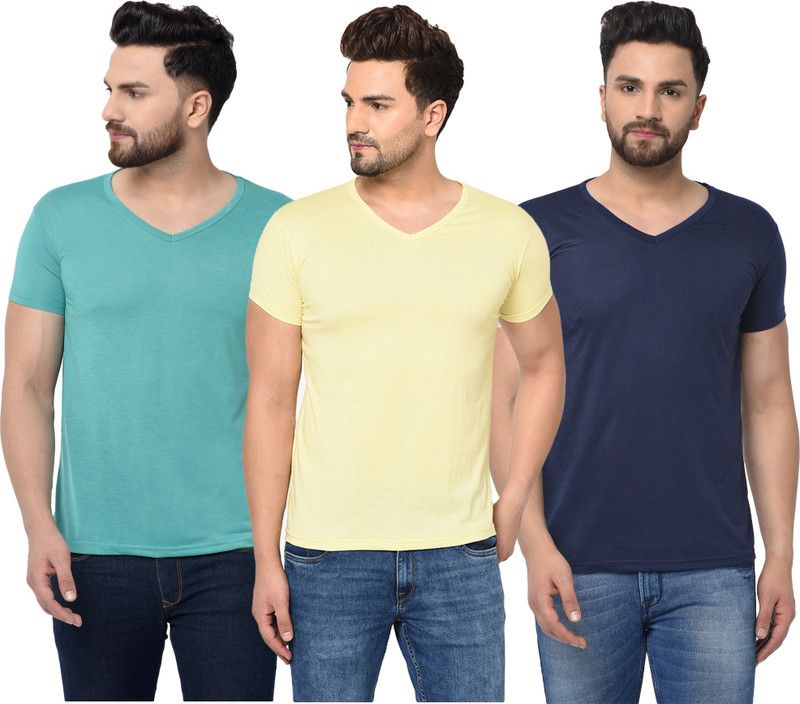 Pack of 3 Men Solid V Neck Cotton Blend Blue, Yellow T-Shirt