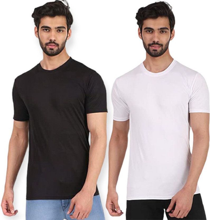 Pack of 2 Men Solid Round Neck Elastane White, Black T-Shirt