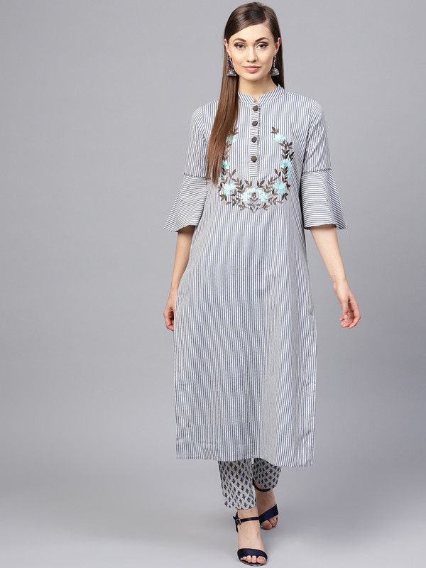 Women Embroidered, Striped Cotton Blend Straight Kurta  (Grey)