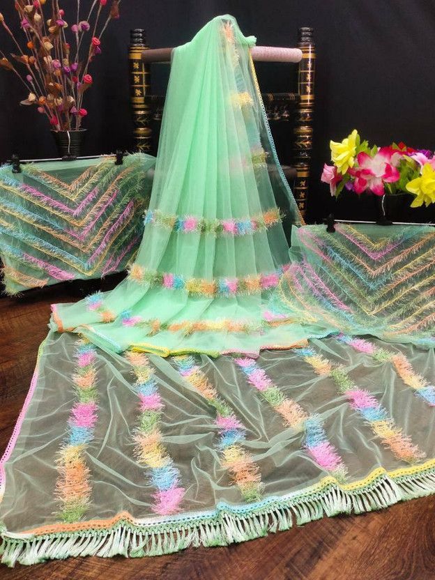 Printed, Embroidered Bollywood Net Saree  (Light Green)
