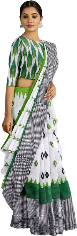 Striped Bollywood Cotton Blend Saree  (Green, White)