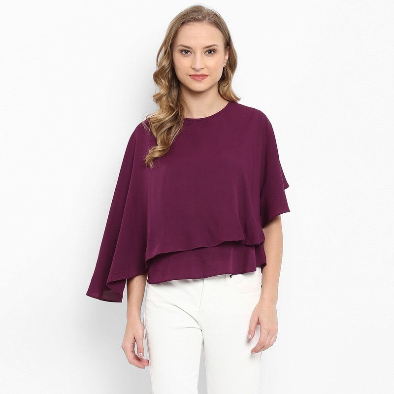 Casual Cape Sleeves Solid Women Maroon Top