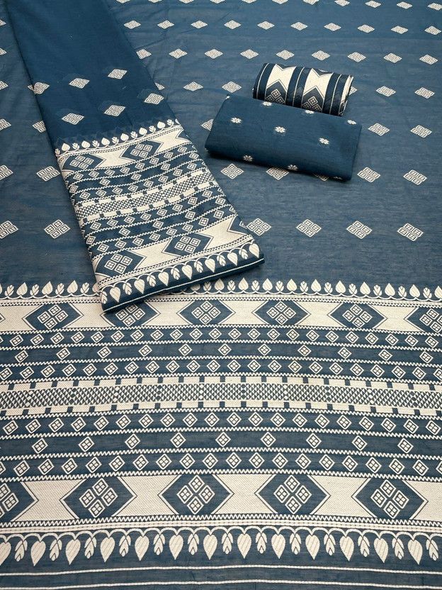 Woven Mekhela Chador Cotton Silk Saree  (White, Blue)