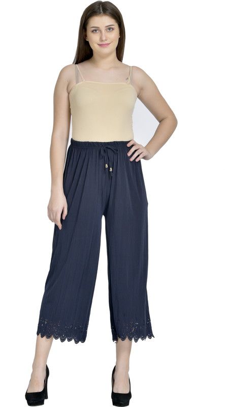 Women Regular Fit Blue, Dark Blue Viscose Rayon Trousers