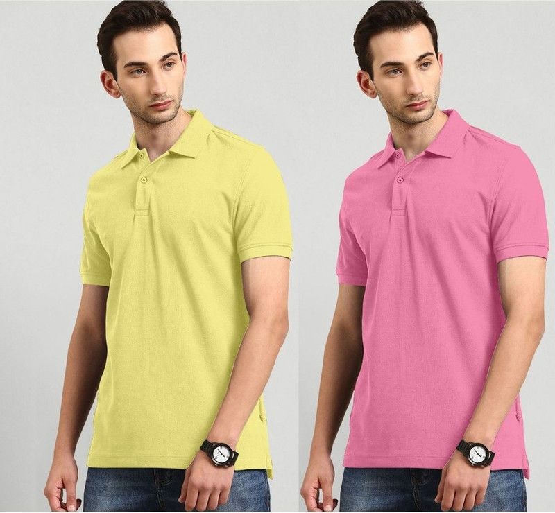 Solid Men Yellow, Pink T-Shirt  (Pack of 2)