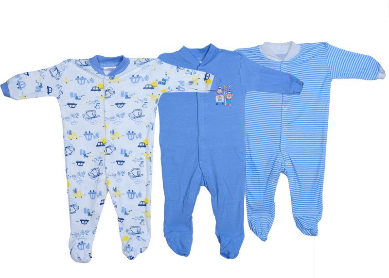 Romper For Baby Boys & Baby Girls Striped, Printed Cotton Blend  (Light Blue, Pack of 3)