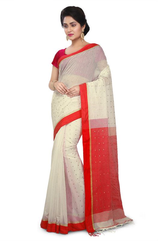 Embellished Bollywood Handloom Cotton Silk Saree  (Red, White)