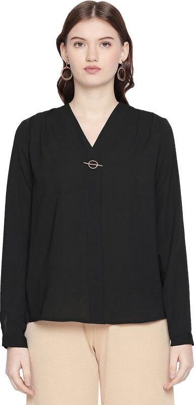 Formal Cuffed Sleeves Solid Women Black Top
