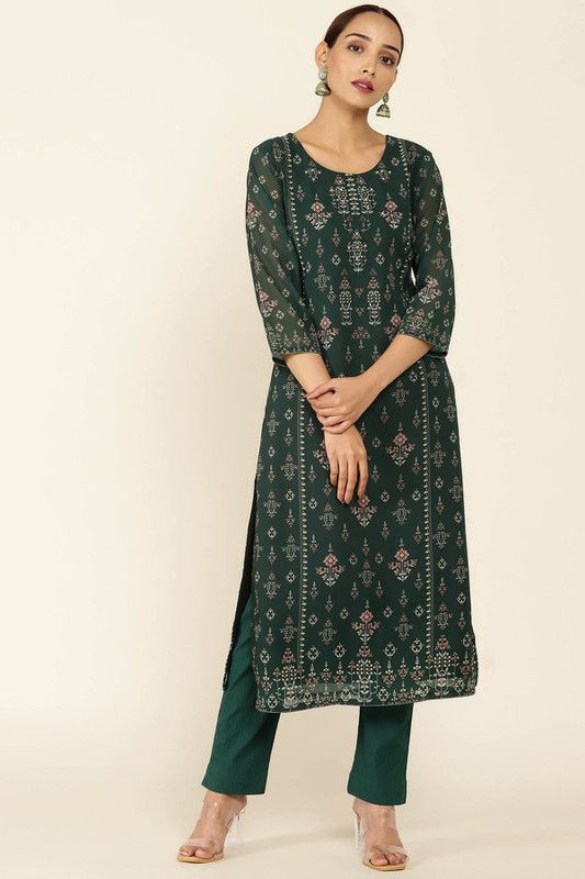 Women Floral Print Georgette Straight Kurta  (Green)