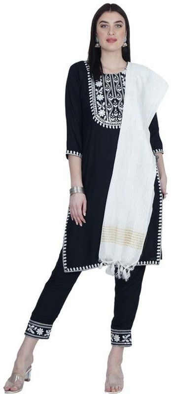 Women's Rayon Embroidery Kurta With Pent And Dupatta Set Embroidered Kurta, Trouser/Pant & Dupatta Set