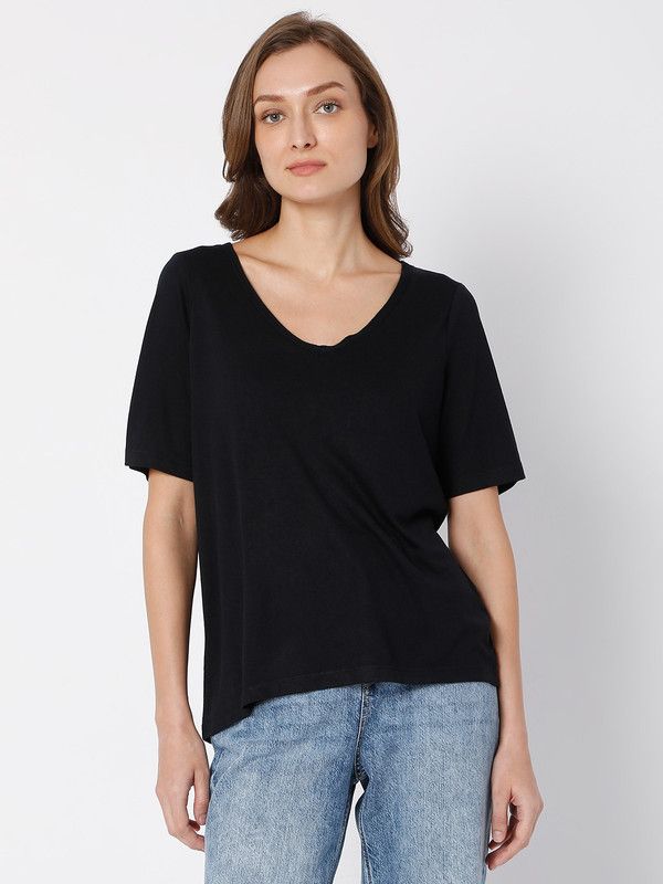 Women Solid V Neck Viscose Rayon Black T-Shirt