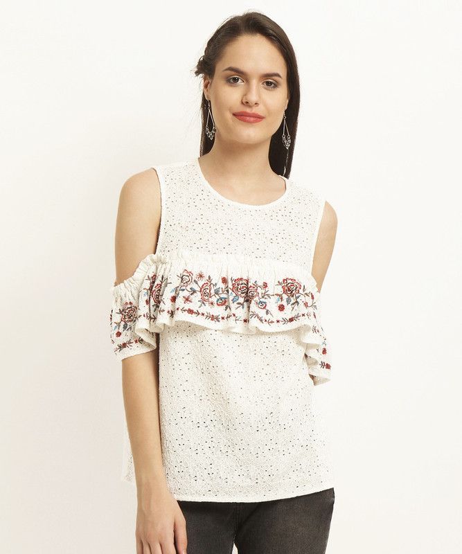 Casual Cold Shoulder Sleeves Embroidered Women Multicolor Top