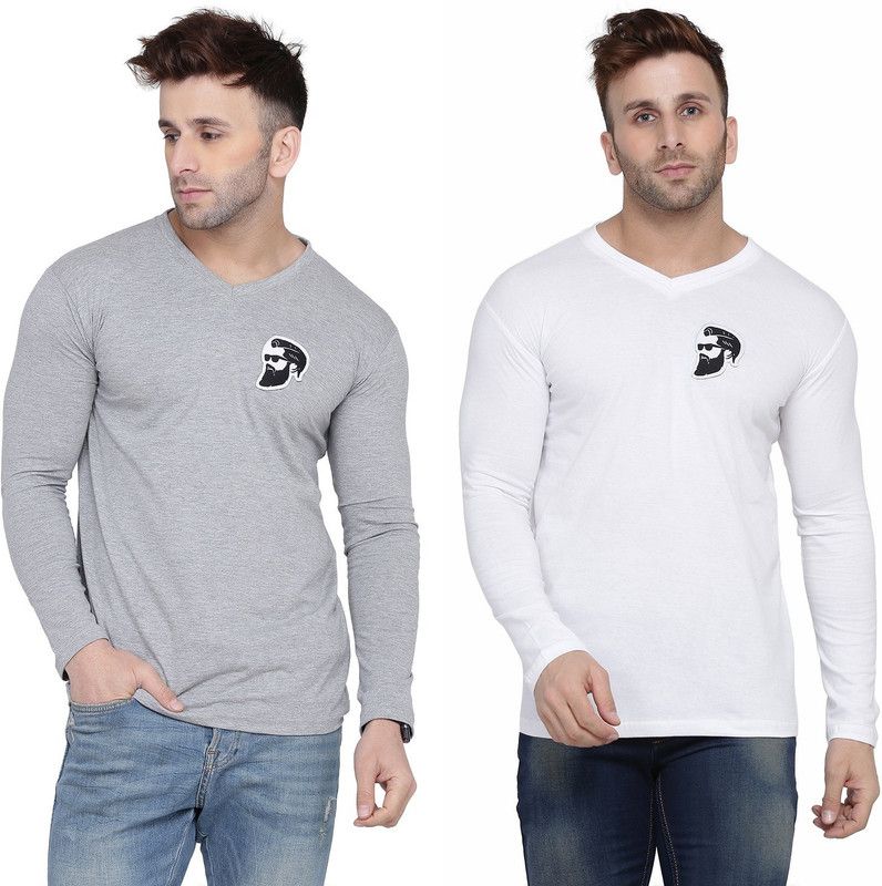 Pack of 2 Men Solid V Neck Cotton Blend Silver, White T-Shirt