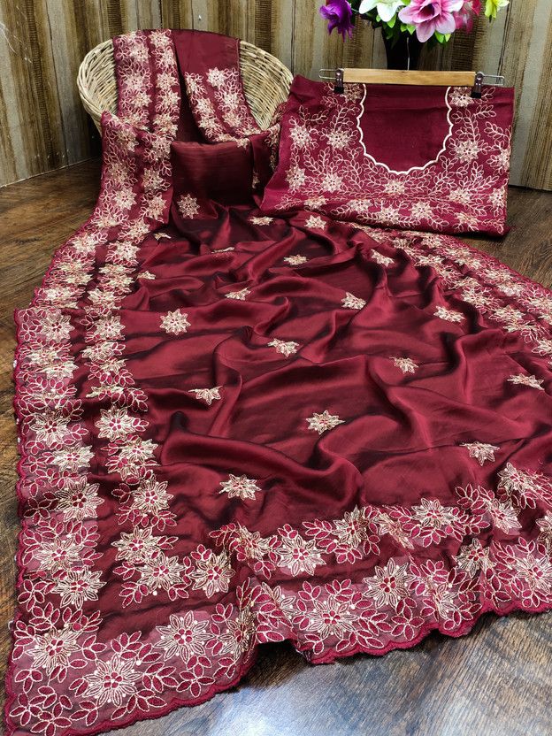 Embroidered Bollywood Pure Silk, Satin Saree  (Maroon)