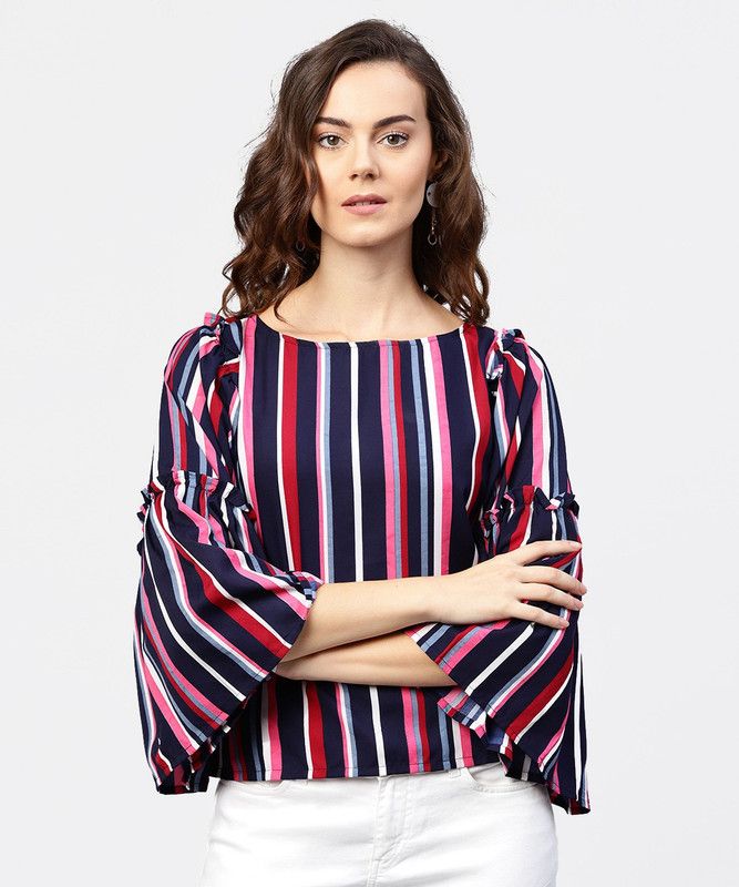 Casual Flared Sleeves Striped Women Multicolor Top